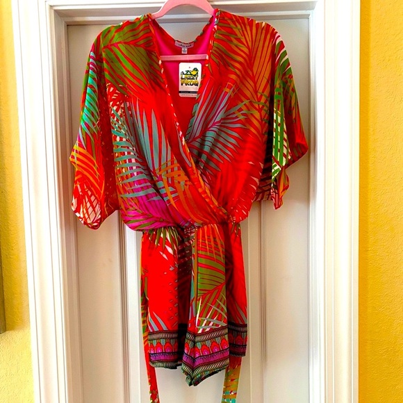 white birch Pants - WHITE BIRCH BOUTIQUE ROMPER FLIRTY TROPICAL LOOSE FITTING TOP ELASTIC WAIST L